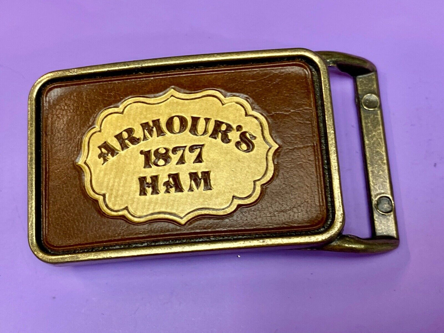 Vintage ARMOUR’S 1877 HAM leather and brass tone advertising belt buckle