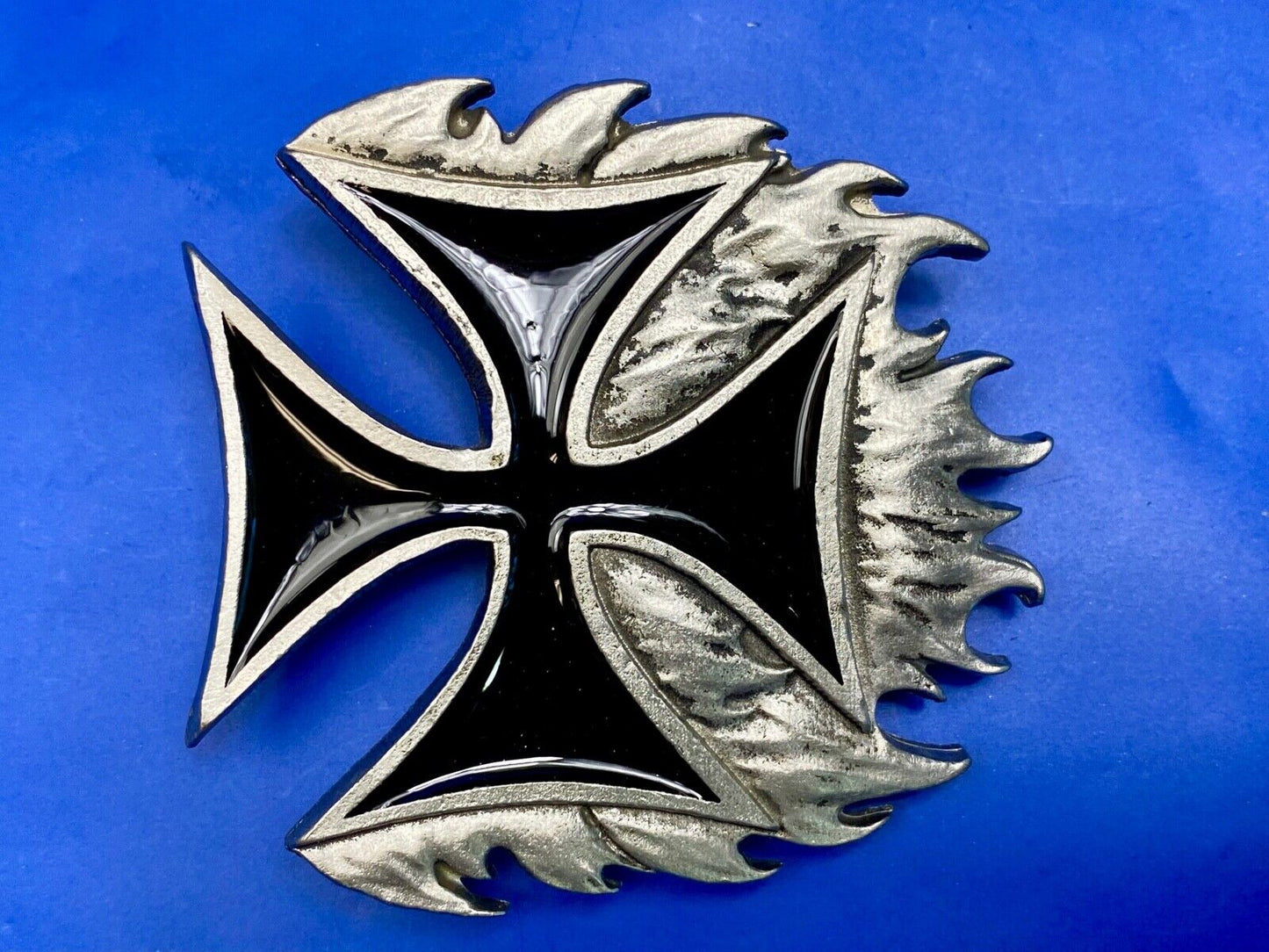 Black Enamel Maltese Cross w/ flames - NOS Monster belt buckle 2000 Mobtown USA