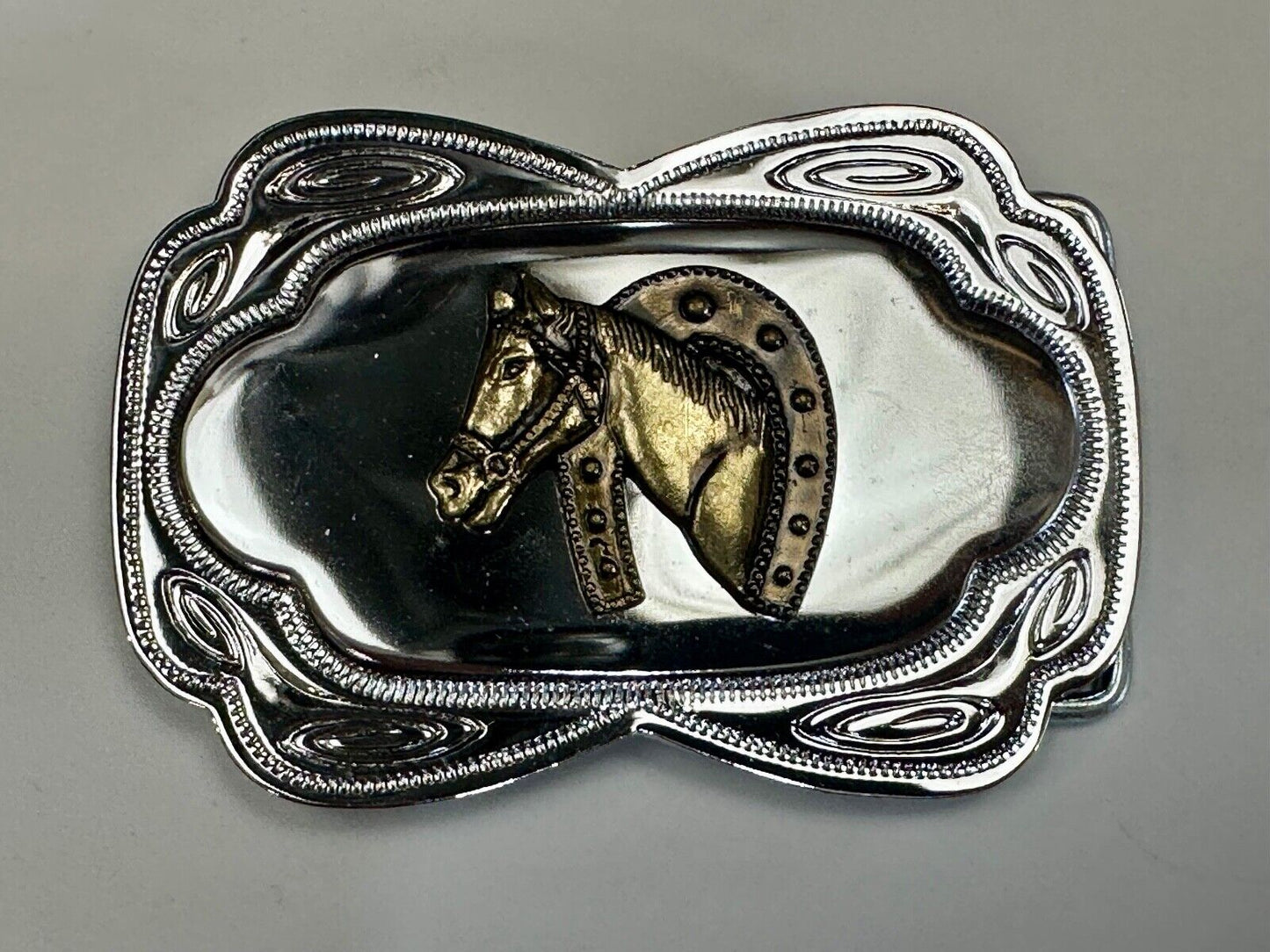 Beautiful NOS Horse head through lucky horseshoe - Two tone belt buckle