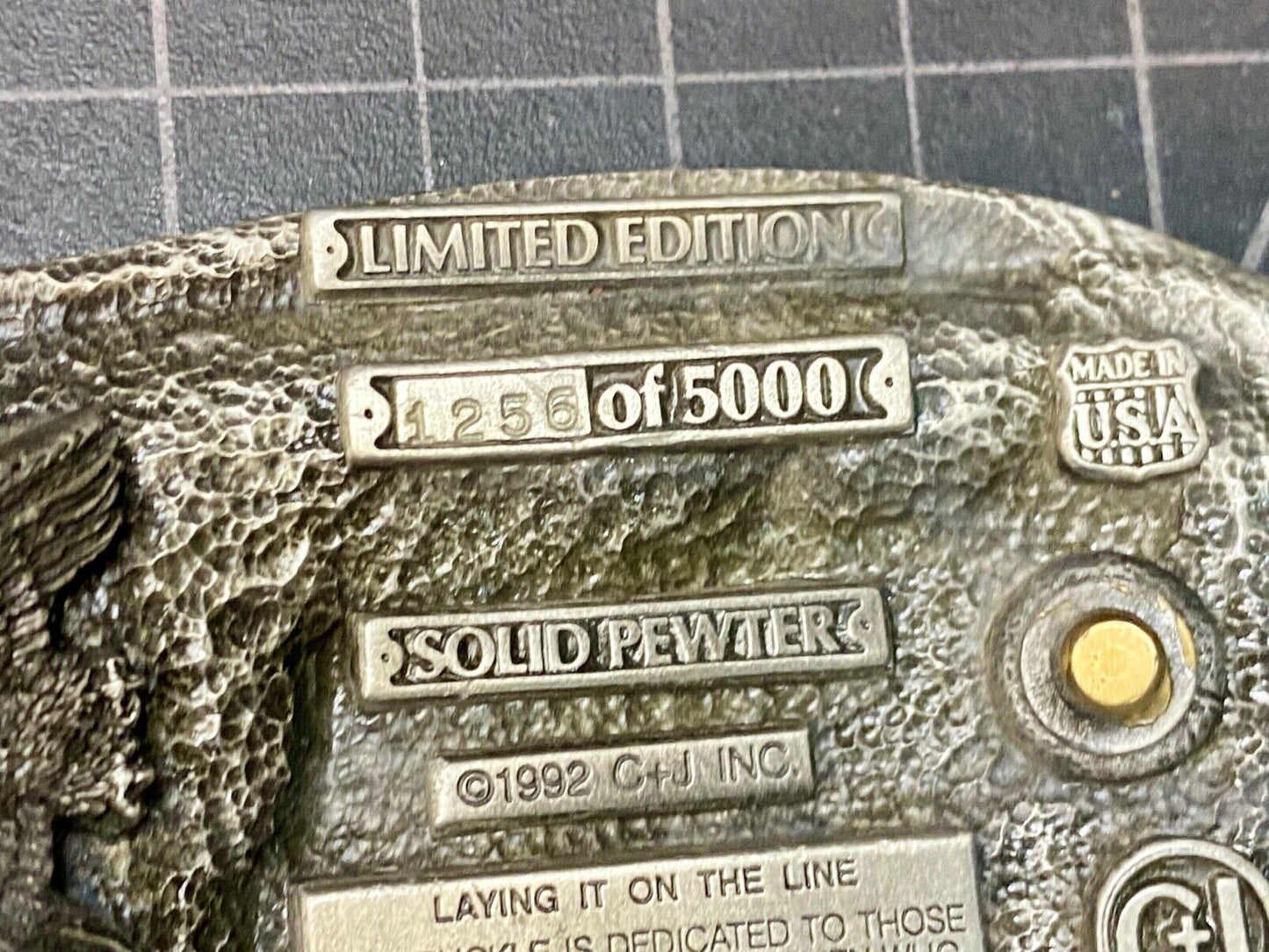 Vintage 1992, Laying it on the line fire department pewter belt buckle