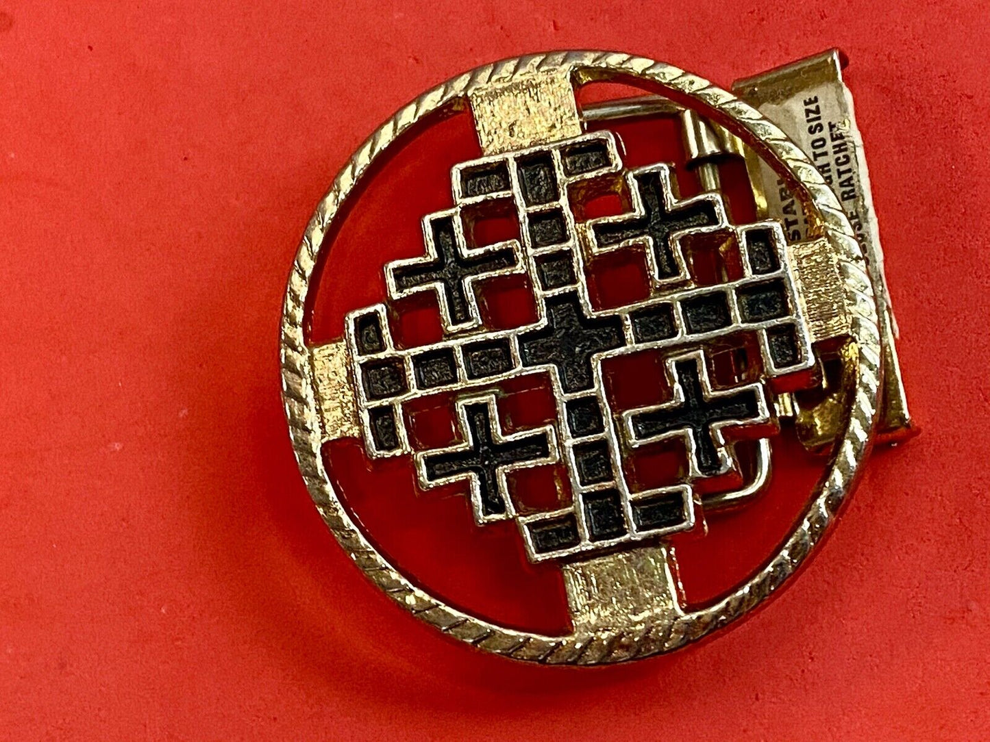Art Deco squares pattern making up adjustable open ratchet round belt buckle