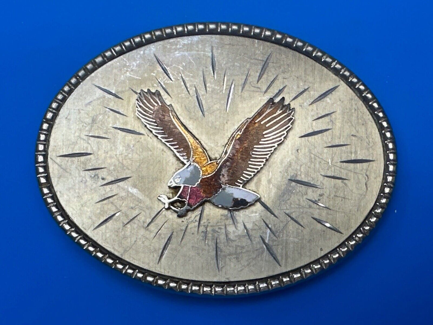 Vintage EAGLE flying High western etched Burst Pattern belt buckle Marked Taiwan