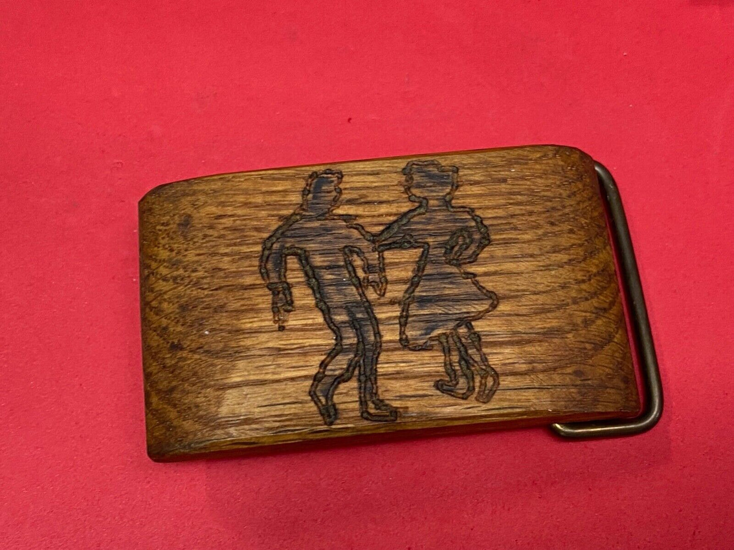 Artisan country line square Dancing Couple burned into wood grain belt buckle