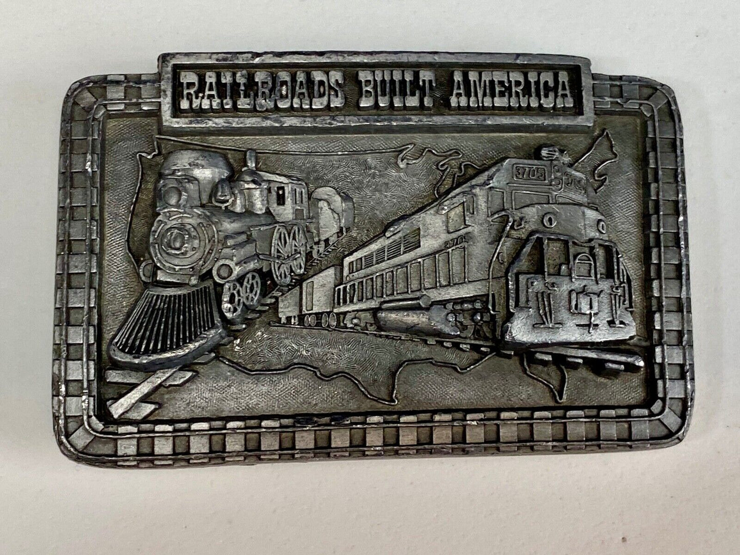 Vintage 1987 Railroads Built America Belt Buckle, RR Train Steam Engine