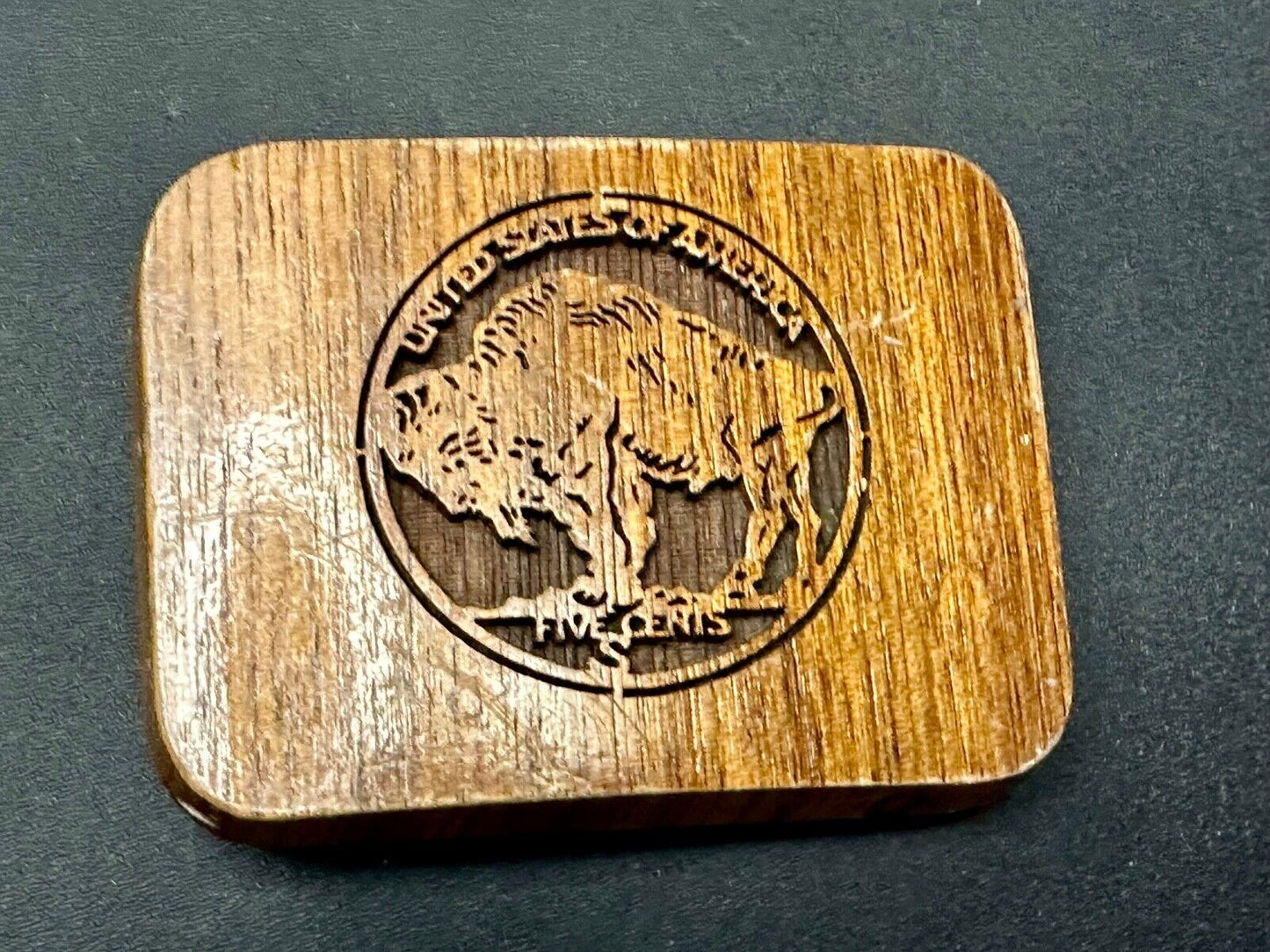 Vintage Buffalo Nickel Five Cents Wood Laser Engraved Lazercraft Belt Buckle USA