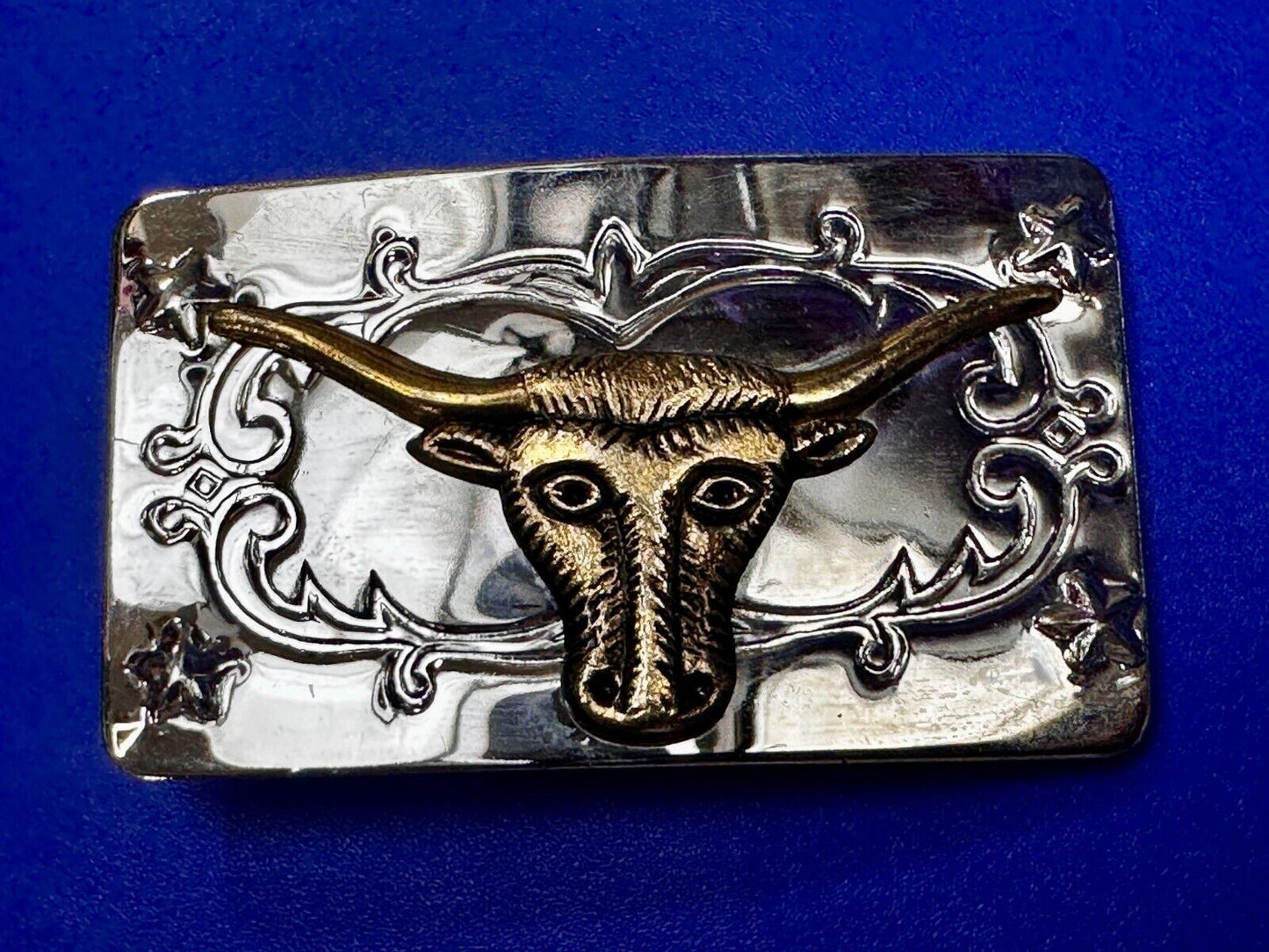 Texas Longhorn Steer Bull Rodeo Two Tone Ornate Western Small Vtg. Belt Buckle