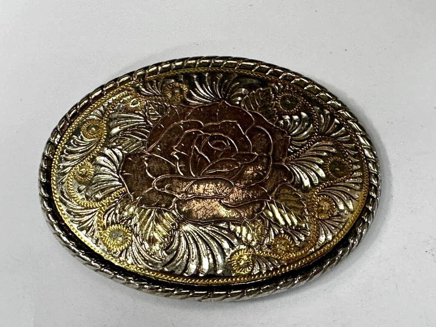 Beautiful Rose Flower Swirl Etched Design Mixed Metal Belt Buckle by W