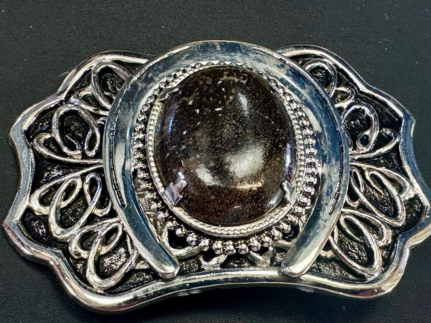 Beautiful Black Detailed cabochon cab stone centerpiece on horseshoe belt buckle