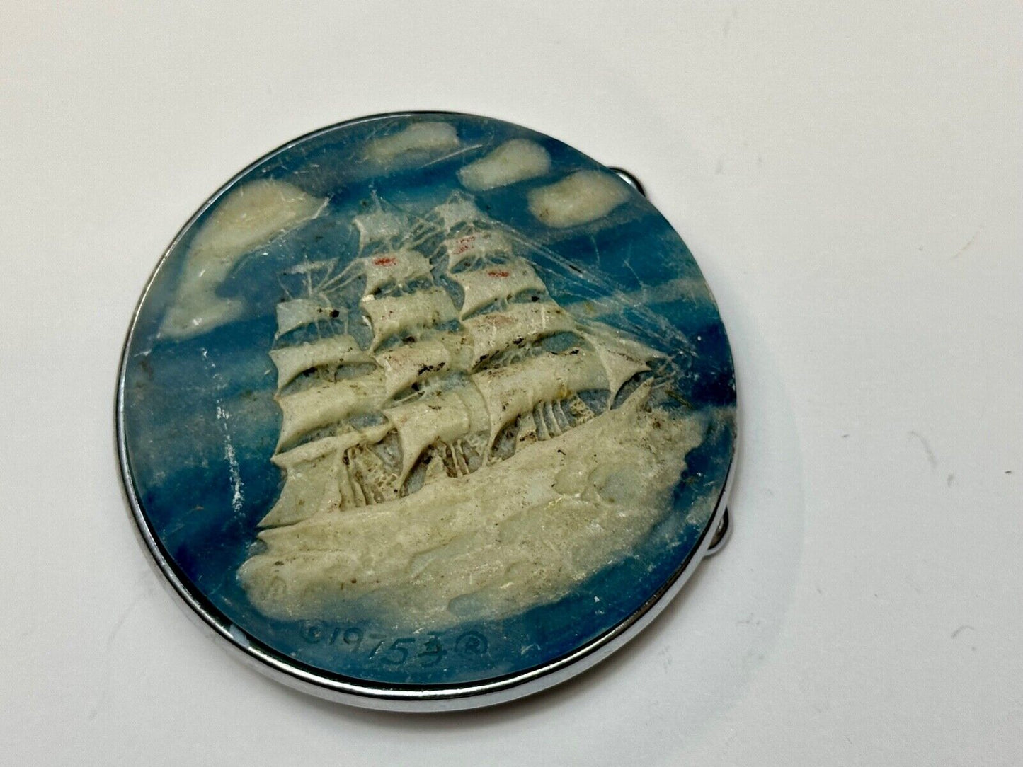 3-Masted Schooner Ship Carved Incolay Stone Cameo Vintage 1975 belt buckle