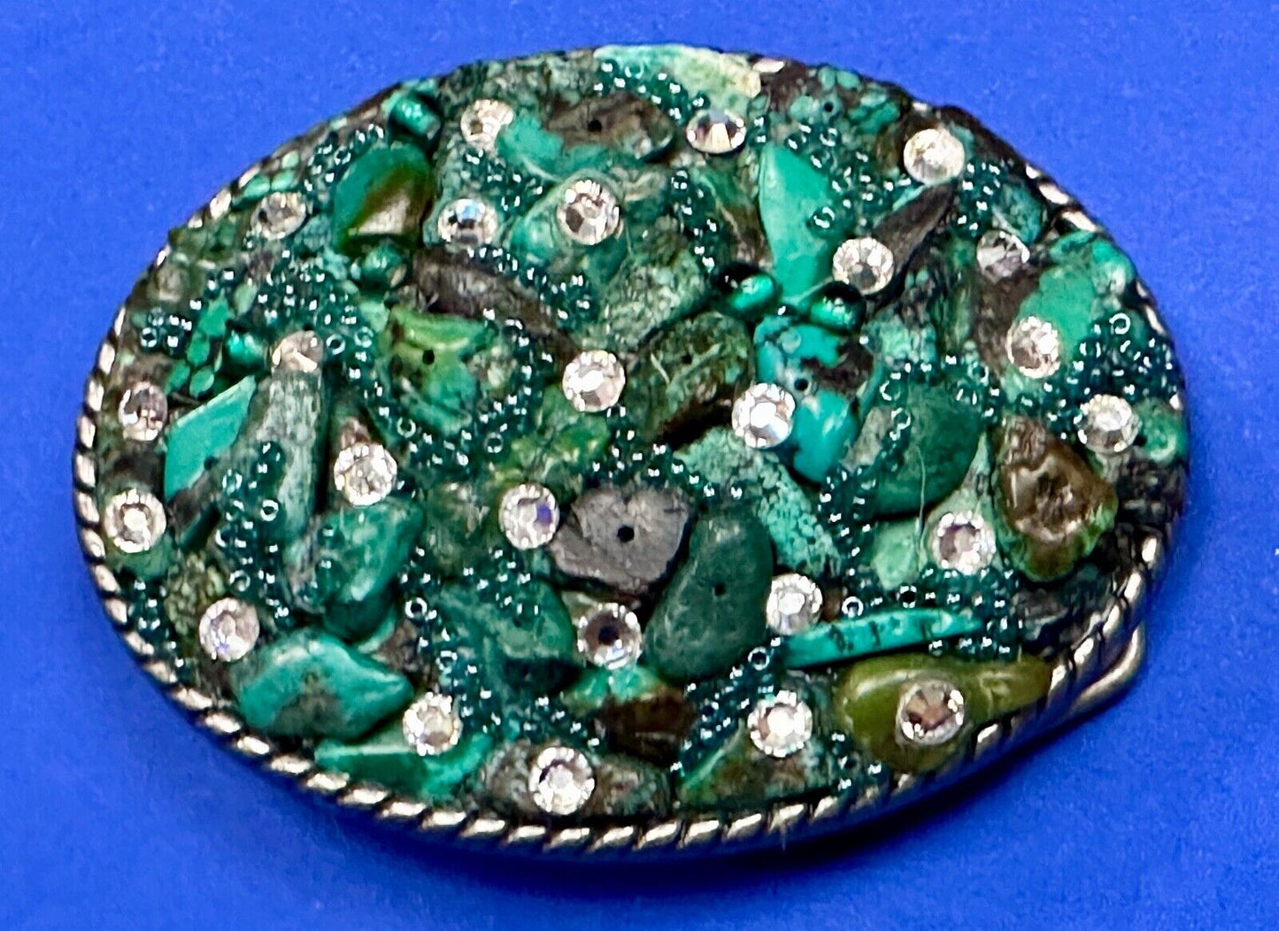 Artisan Chunky shades of Green and clear rhinestone mixed material belt buckle