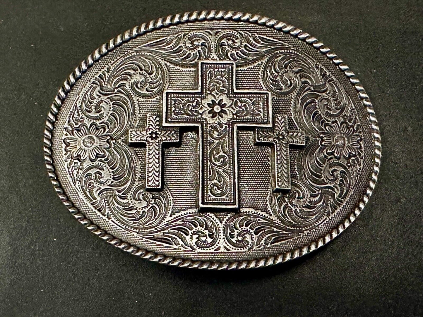 Three Cross Religious Faith Christian Flower Swirl Western Belt Buckle by Taylor