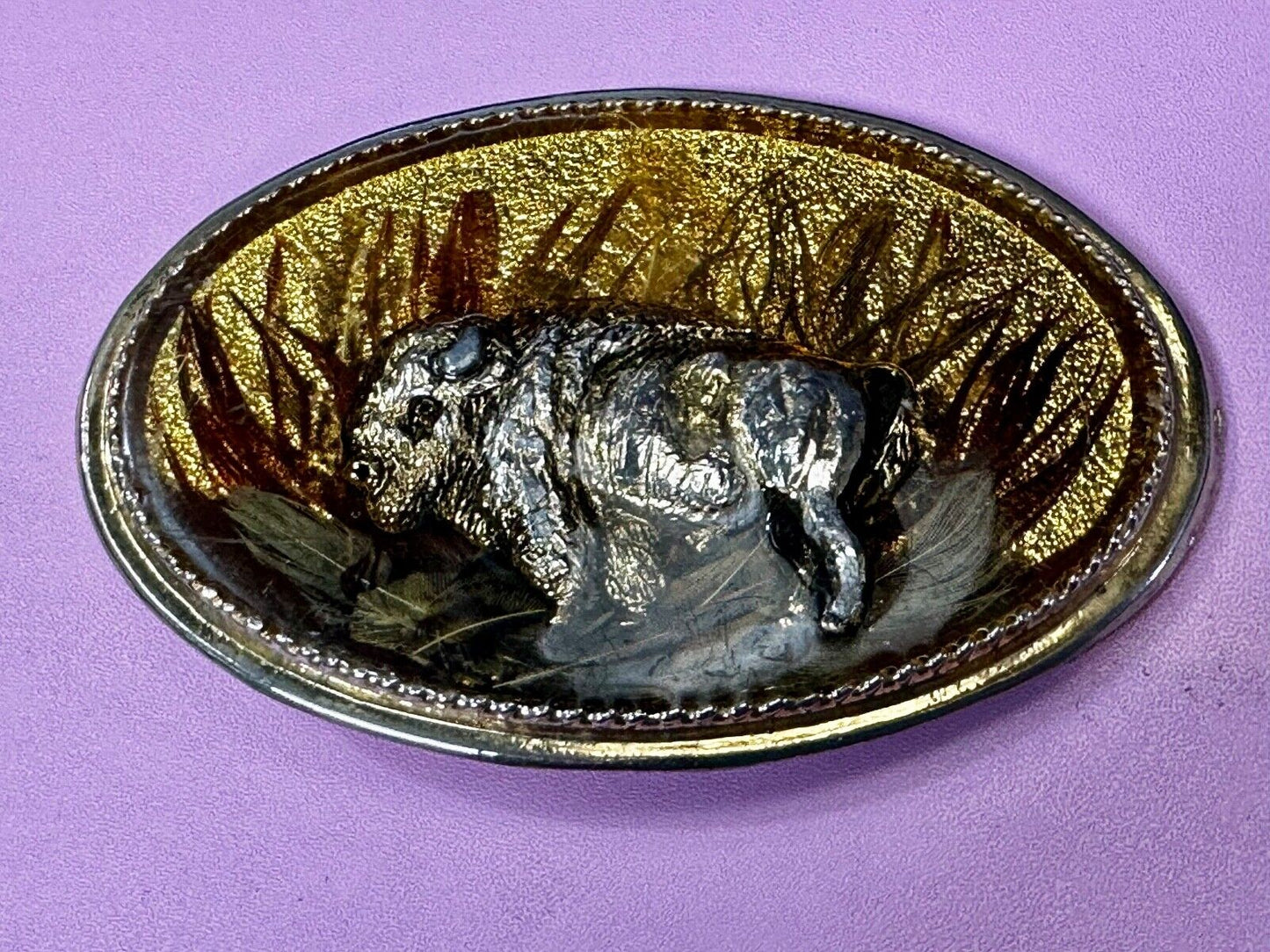 3D Buffalo in wheat grass - Raised from gold tone Vintage Belt Buckle