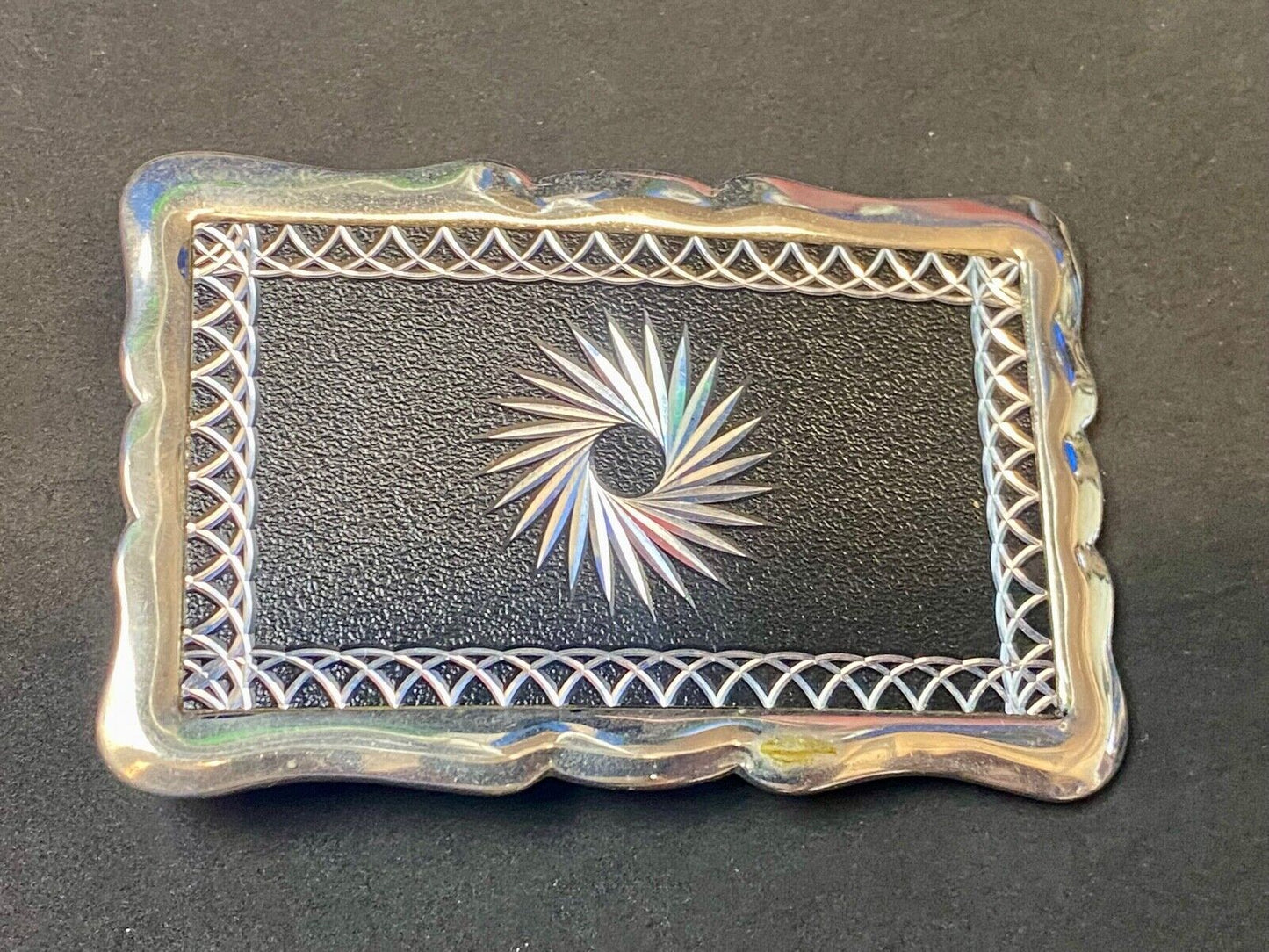Vintage Etched Star Swirl Burst Pattern Western Black & Silver Belt Buckle