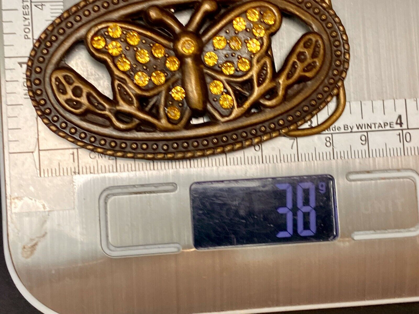 Beautiful Cut Out Butterfly - Yelloew Rhinestone Accented Brown Belt Buckle