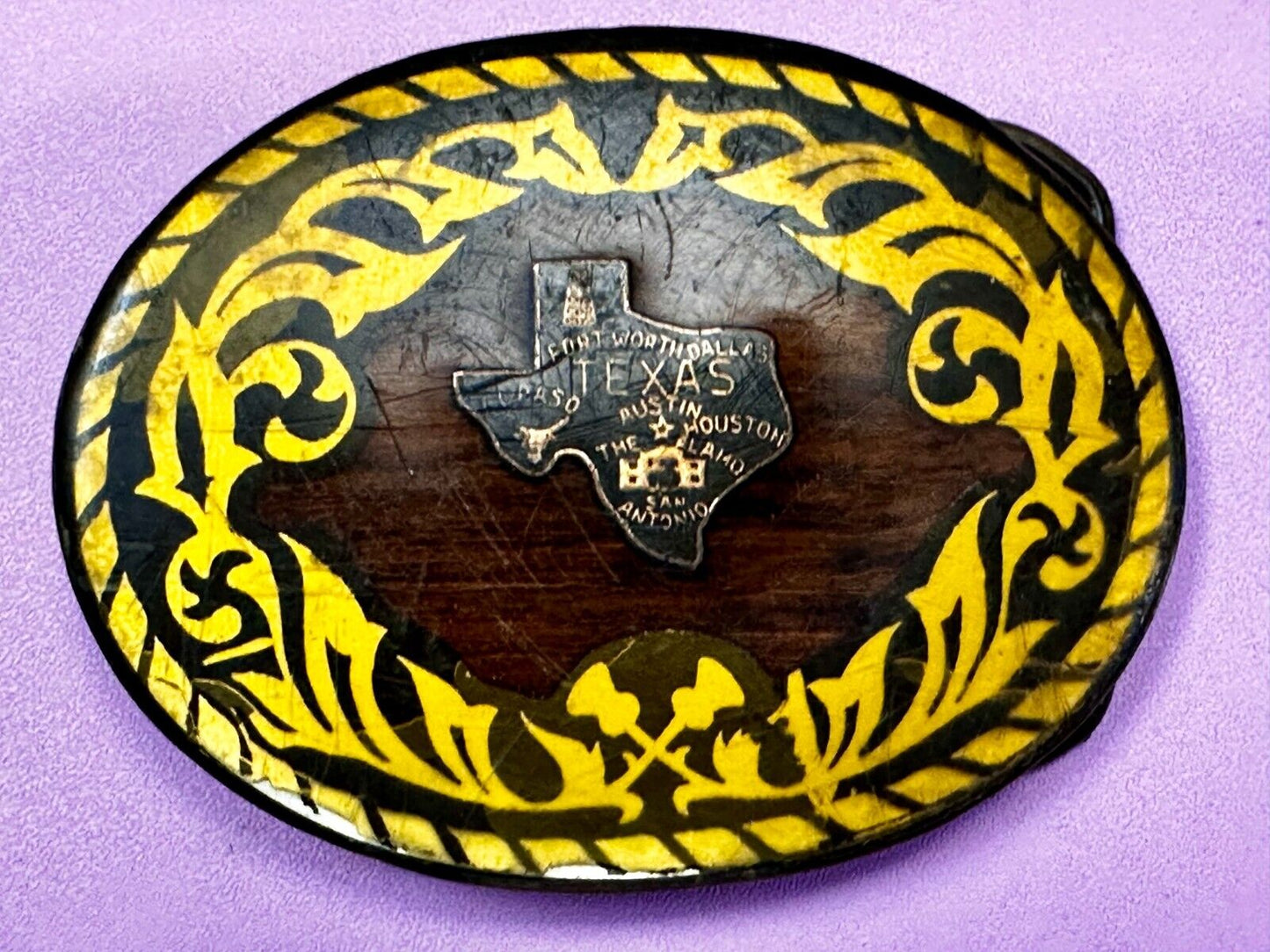 Texas Cutout State Shaped Center On Wooden Vintage Belt Buckle By Harmony Medals