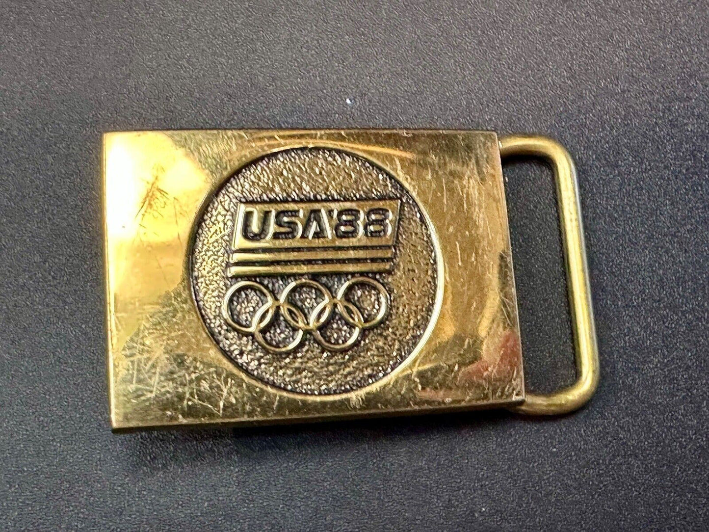 1988 US Olympics 100% Solid Brass Belt Buckle, Olympic Rings Logo & USA '88