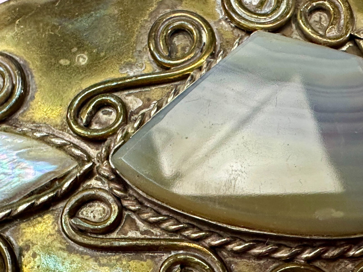 Artisan Mixed Stone Shell Art Nouveau Boho Brass Hippy Vibe Large Belt Buckle