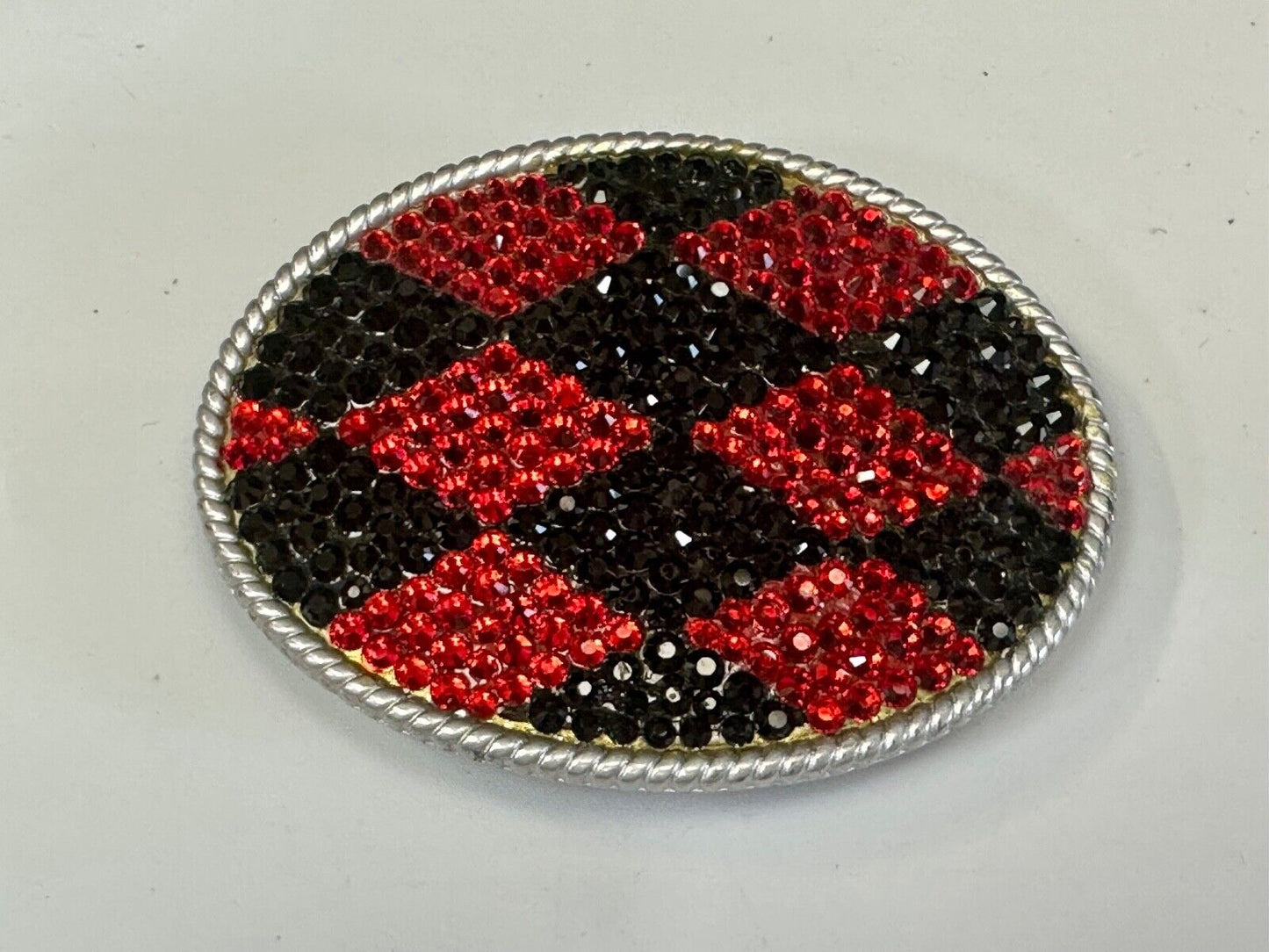 Black & Red rhinestone Checkerboard Diamond Jester 3.75" wide belt buckle