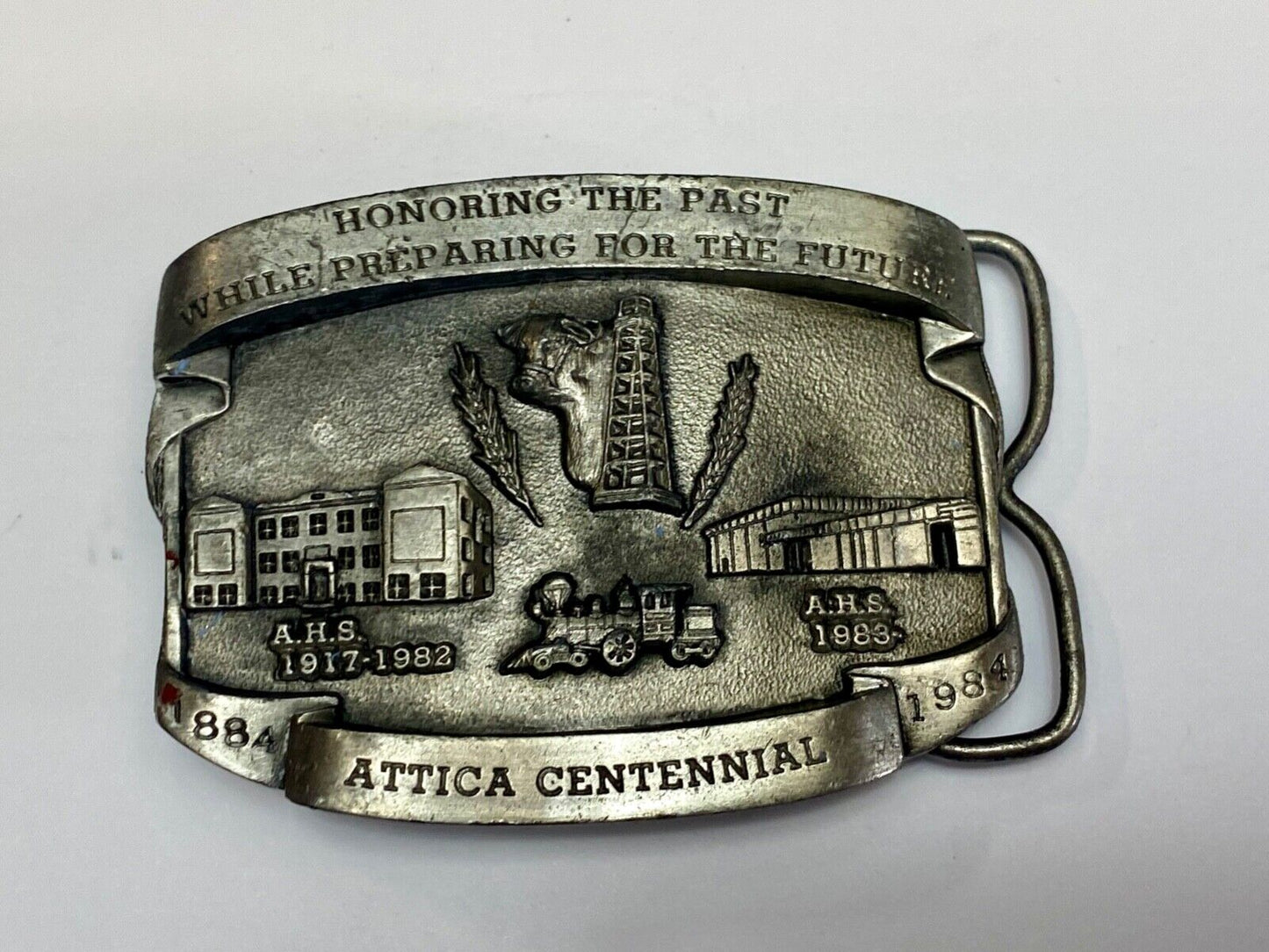 Vintage 1984 Attica Kansas KS Centennial OIL TRAIN SCHOOL HOUSE belt buckle