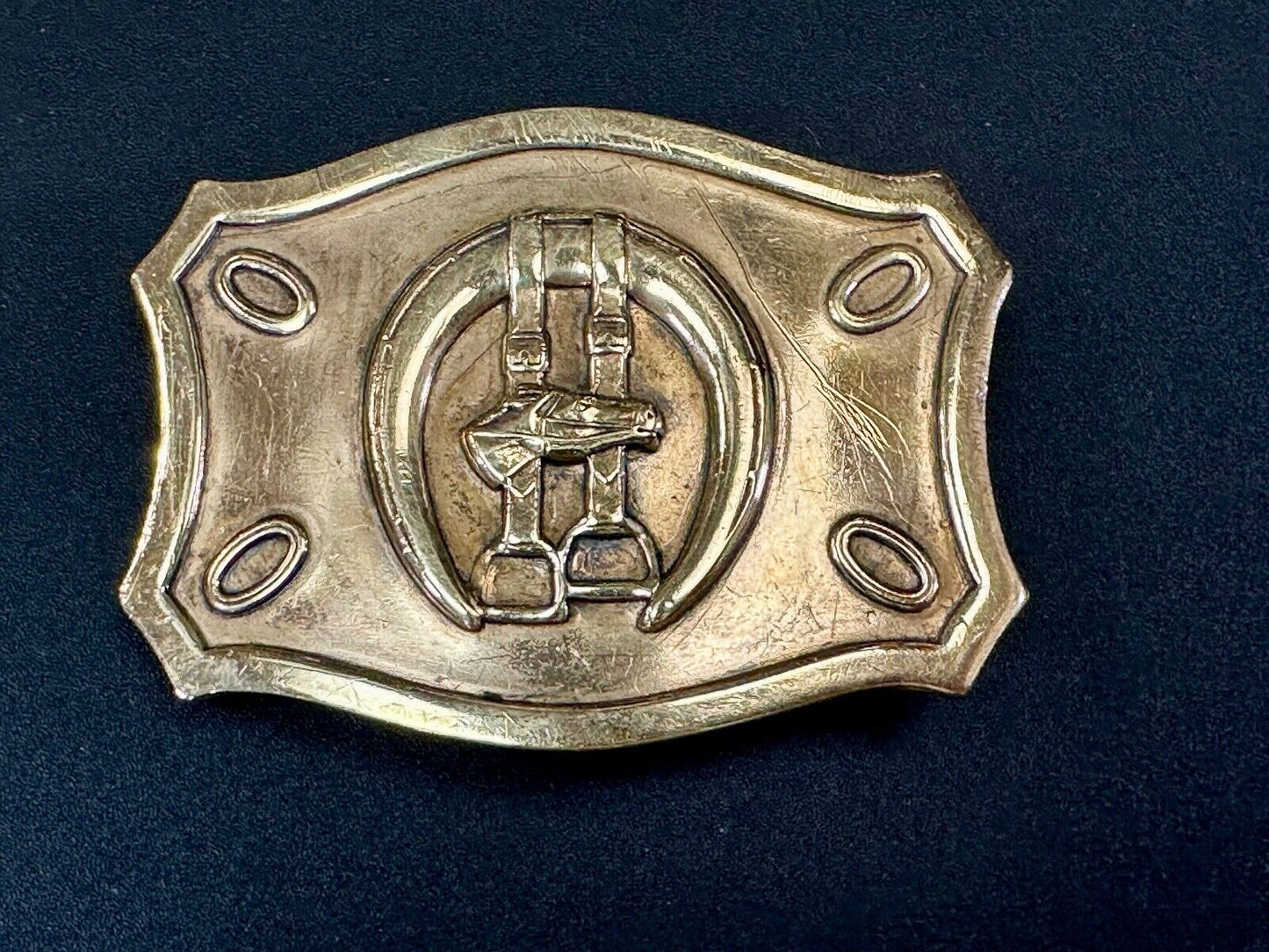 Vintage horse, head & stirrups western lucky horseshoe belt buckle