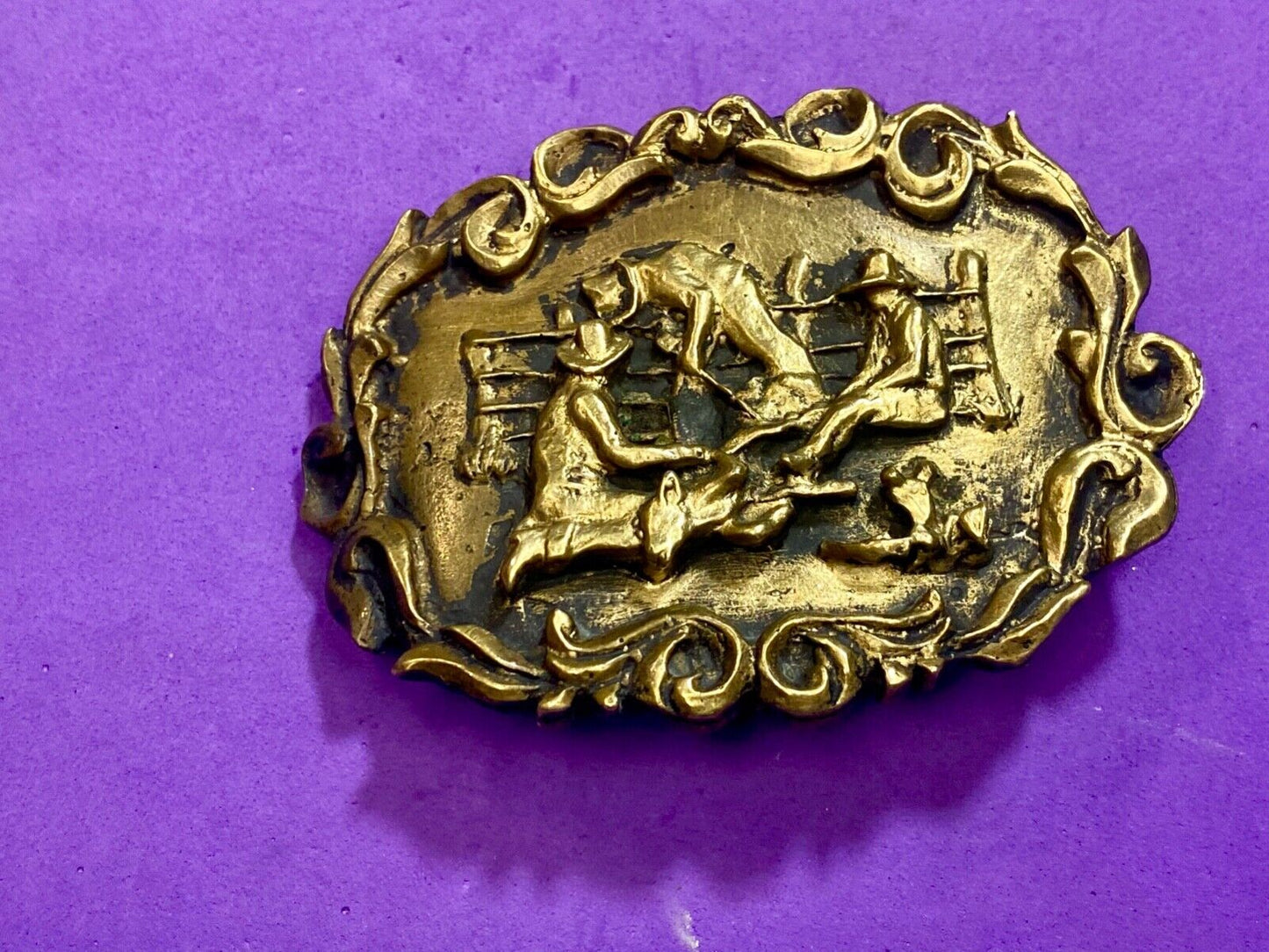 Three Cowboys Roping calf on the farm SOLID BRASS western belt buckle