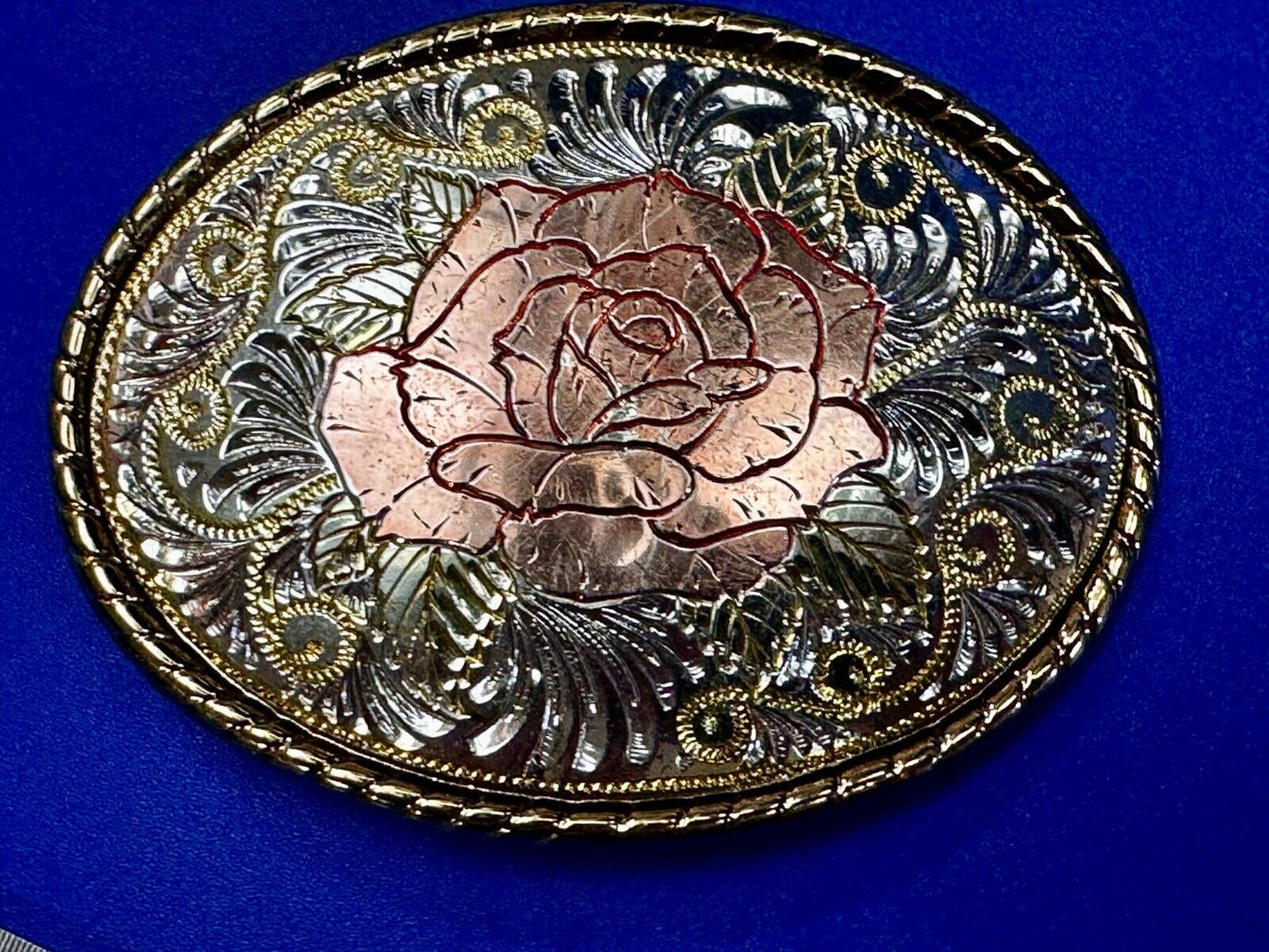 Beautiful Rose Small Etched Flower Swirl Design Vintage Belt Buckle W USA Made