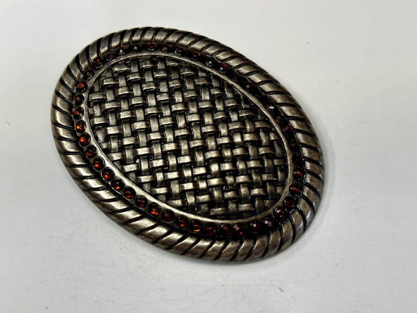 Basket Weave Design Rhinestone Border Vintage Metal Oval Belt Buckle