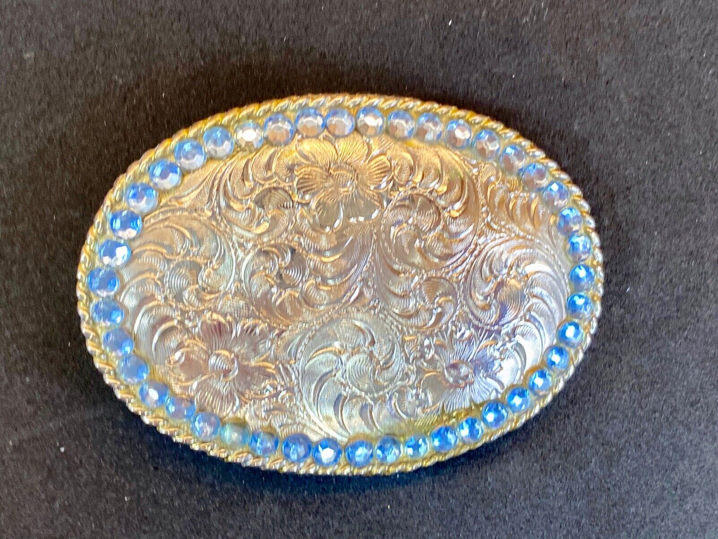 Beautiful Etched Western Swirl Belt Buckle Taiwan Roc With Blue Rhinestones
