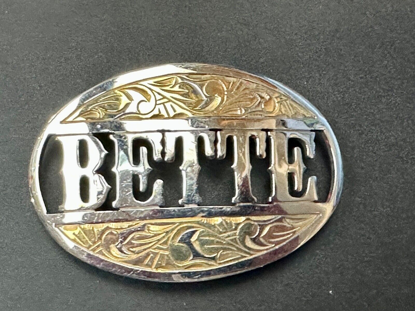BETTE - custom name on western two tone cutout see through vintage belt buckle