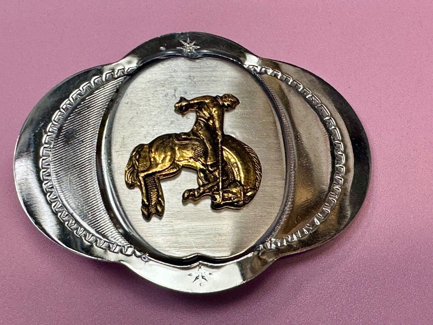 Vintage Cowboy Saddle Bronc western two tone unique shaped belt buckle