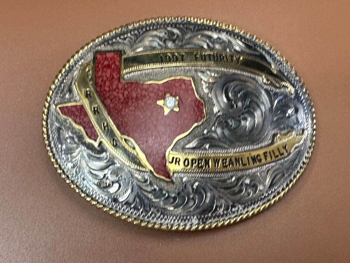 TEXAS Inlaid Coral Chip JR Open Weanling Filly 1997 Futurity Trophy belt buckle