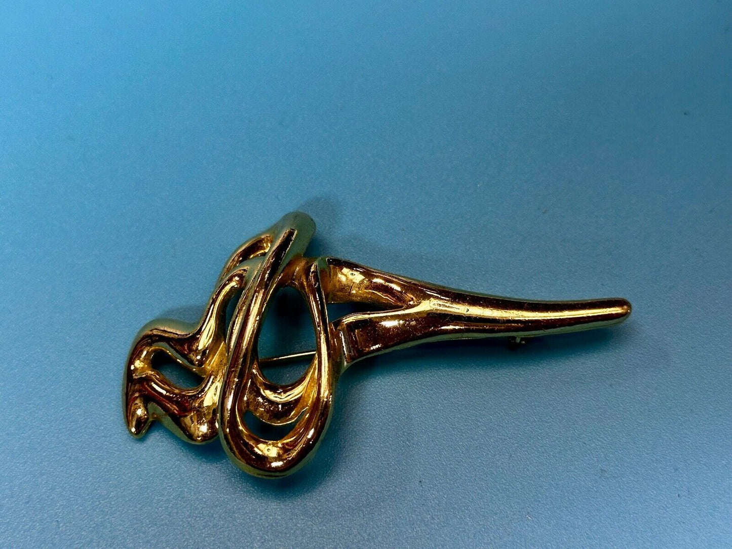 Swirl Abstract Unique Gold Tone Large 3" Vintage Brooch Pin Signed AJC