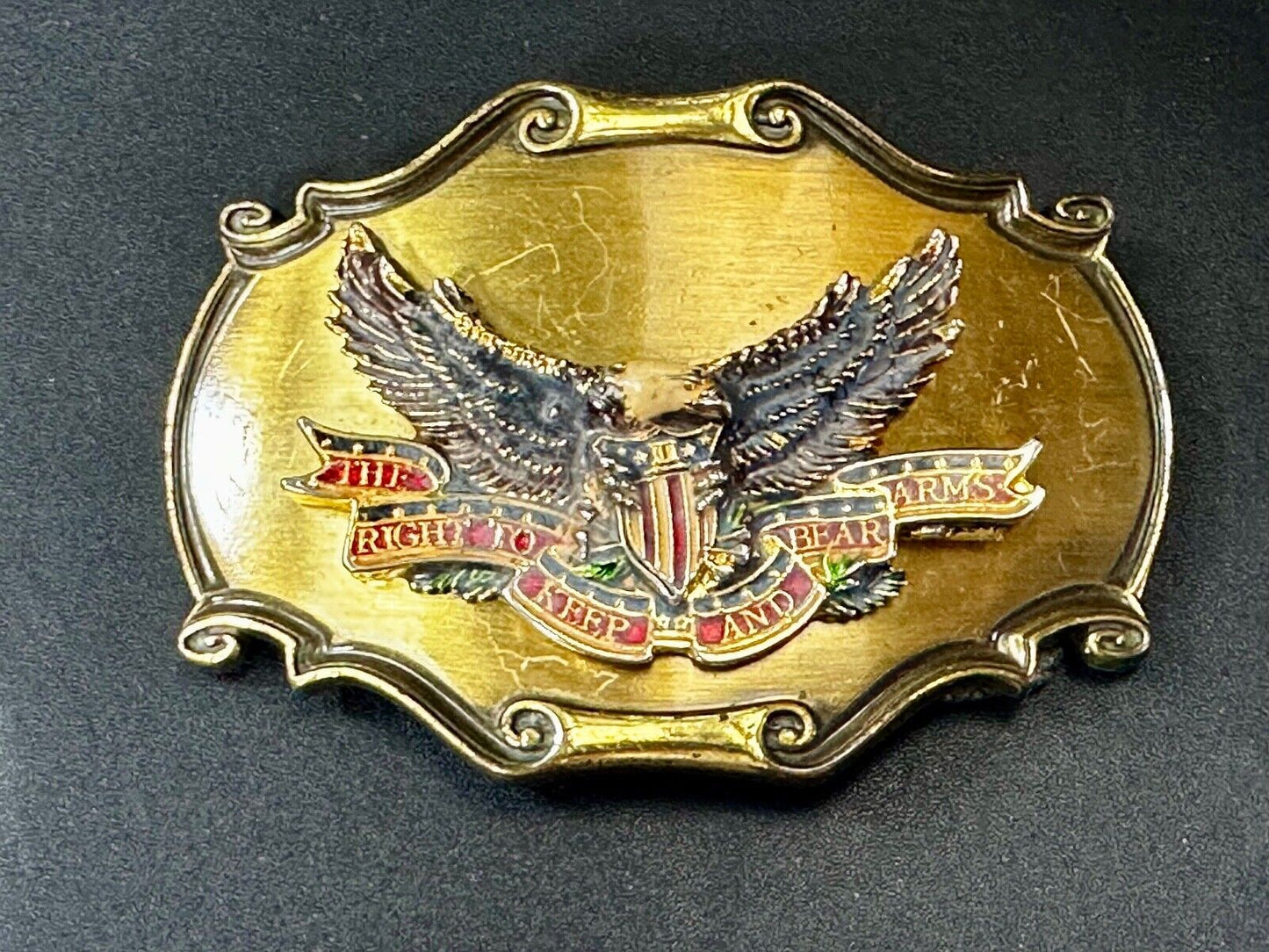 The Right To Keep and Bare Arms VTG 1980 Western Framed Belt Buckle by Rain-Tree