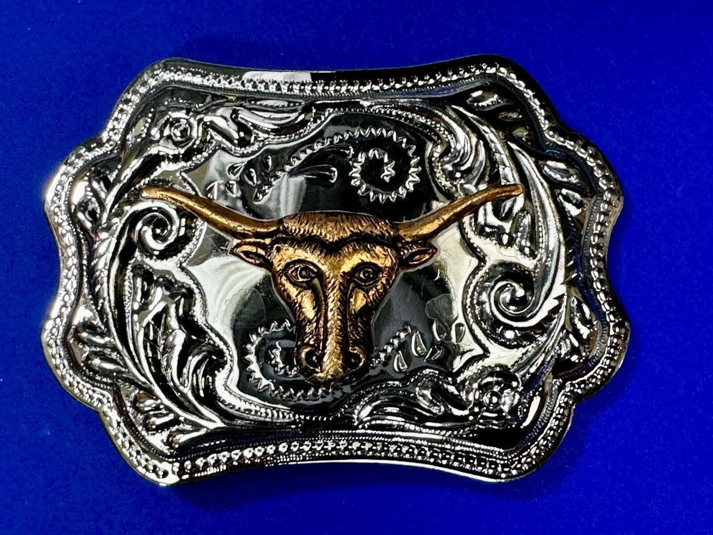 Texas Longhorn Rodeo Steer Bull Vintage Two Tone Western Cowboy's Belt Buckle