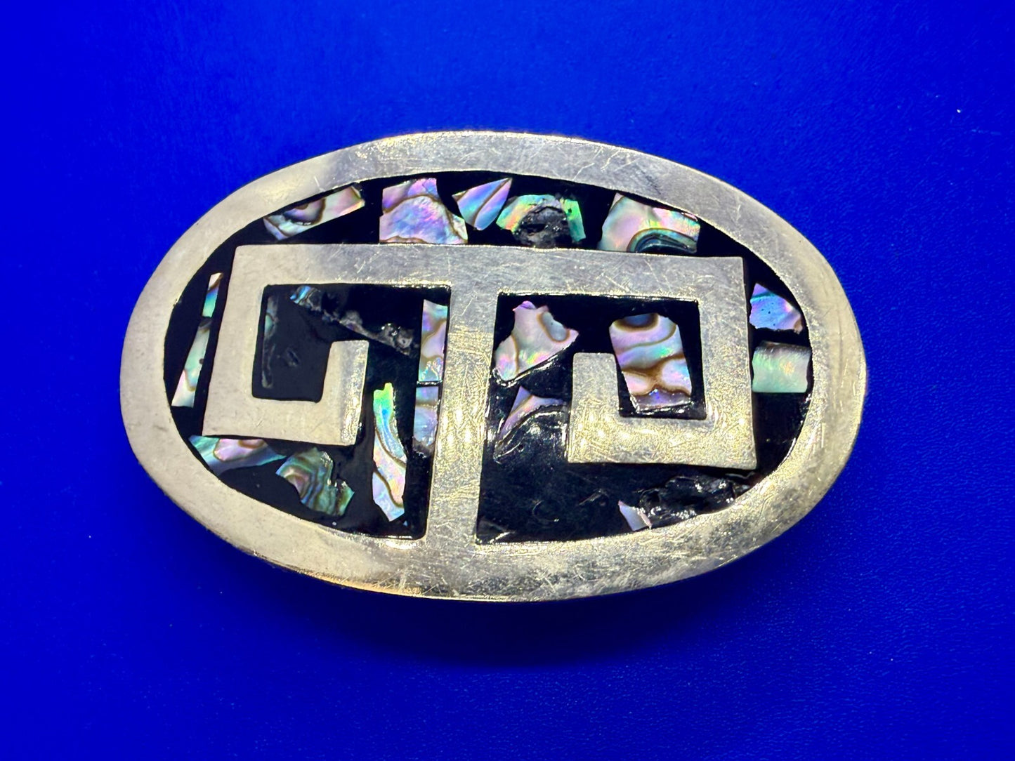 Vintage Alpaca Mexico Silver Tone Abalone Shell Pattern Oval Belt Buckle