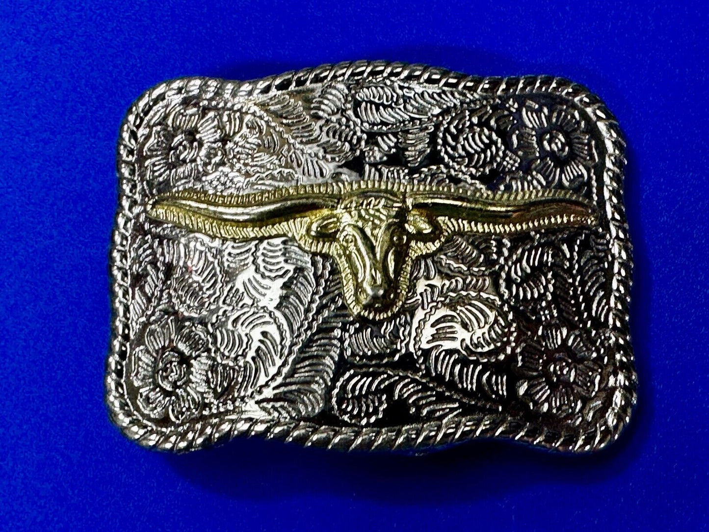 Texas Longhorn Rodeo Steer Bull Head Vintage Two Tone Small Cowgirls Belt Buckle
