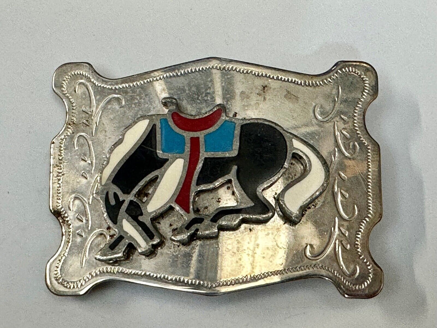 Vintage Cowboy's Horse Saddle Bronc western Inlaid enamel belt buckle