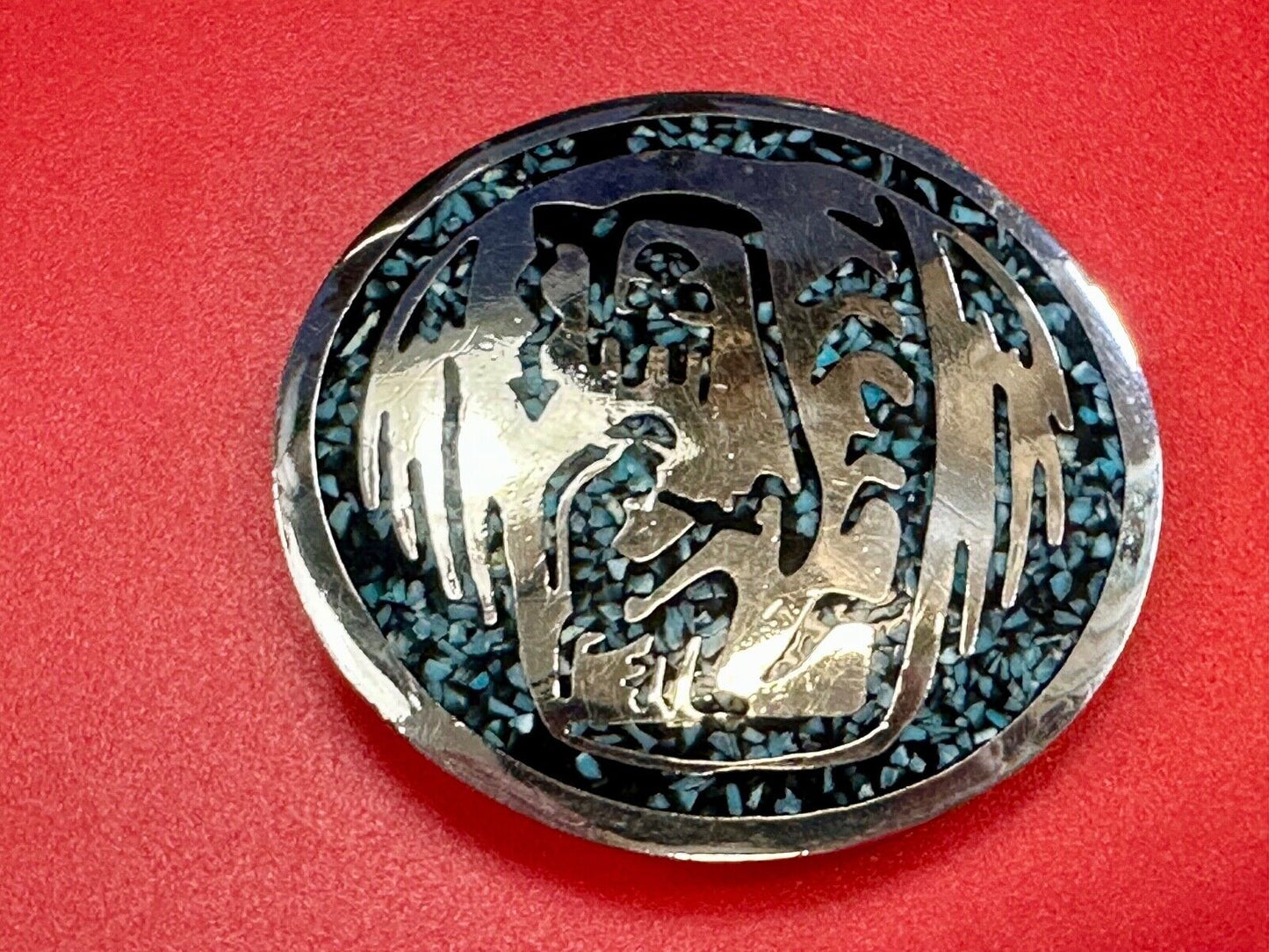 Artisan Inlaid Turquoise chip Beautiful Art pc. Vintage belt buckle marked 1980