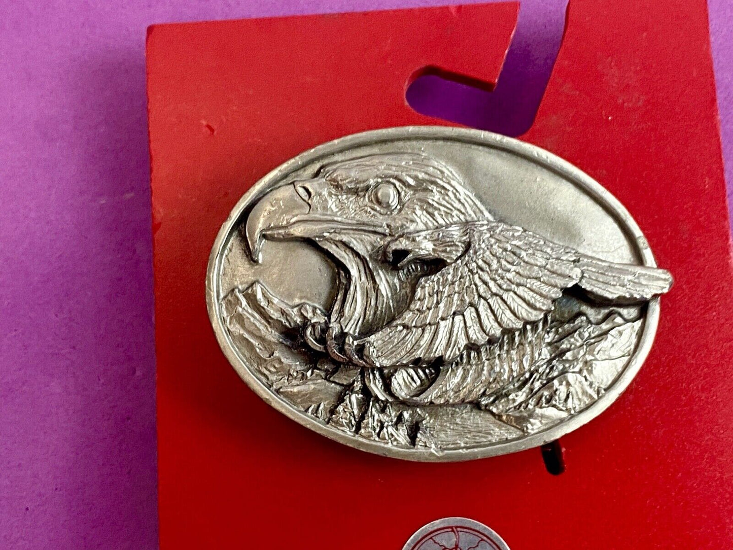 big cabin eagle head bust over mountains nature belt buckle on card