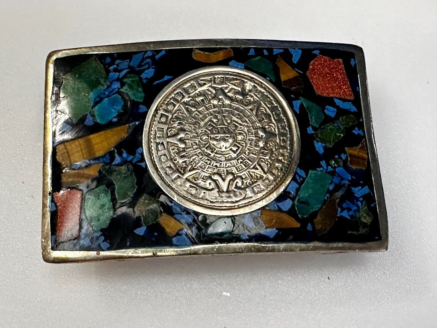 Aztec Mayan Calendar Sun God Face Turquoise Multi Stone Chip Inlay Belt Buckle
