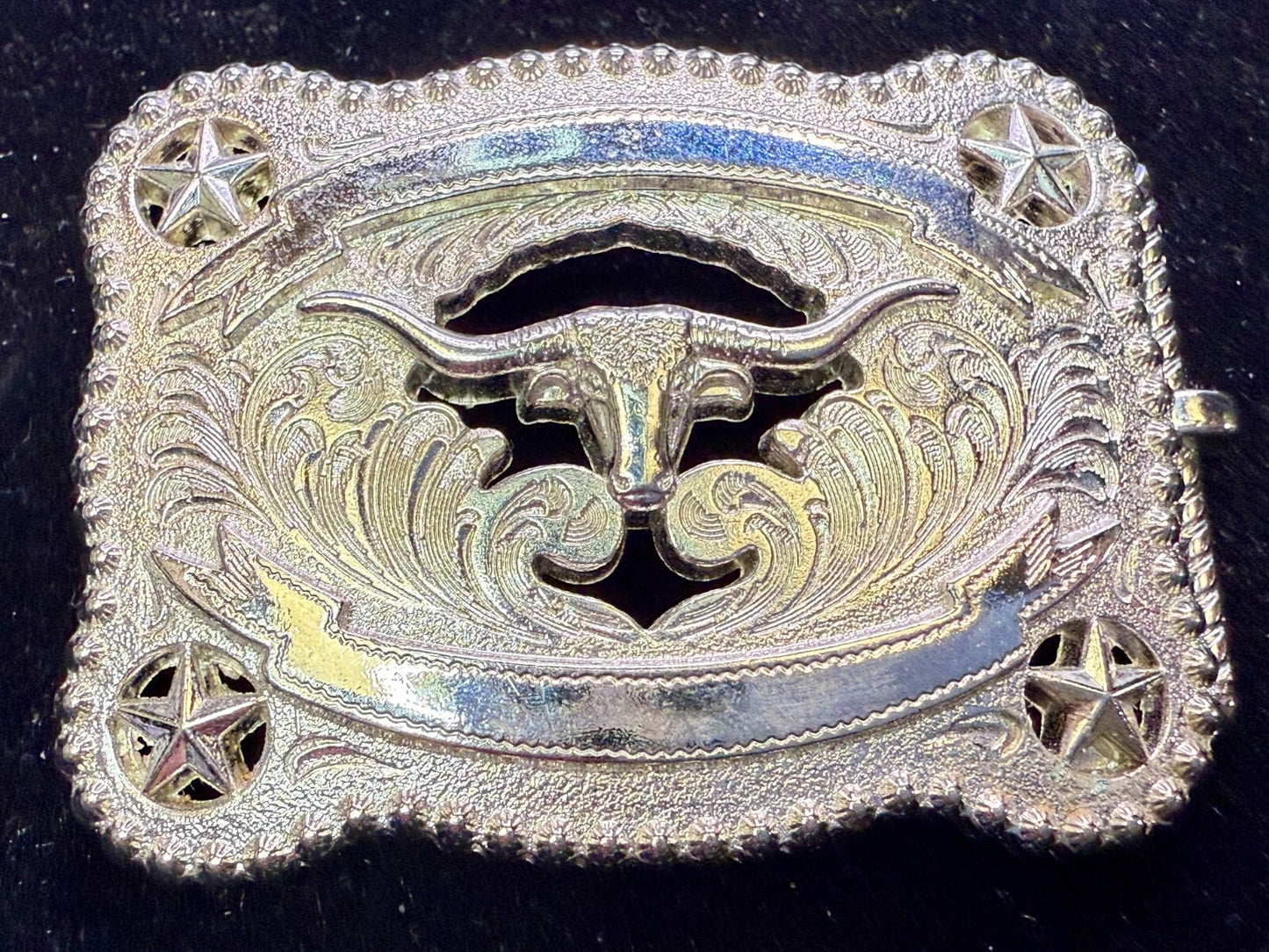 Texas Longhorn Cutout See Through Silver Tone Belt Buckle W/ Stars Award Ribbon