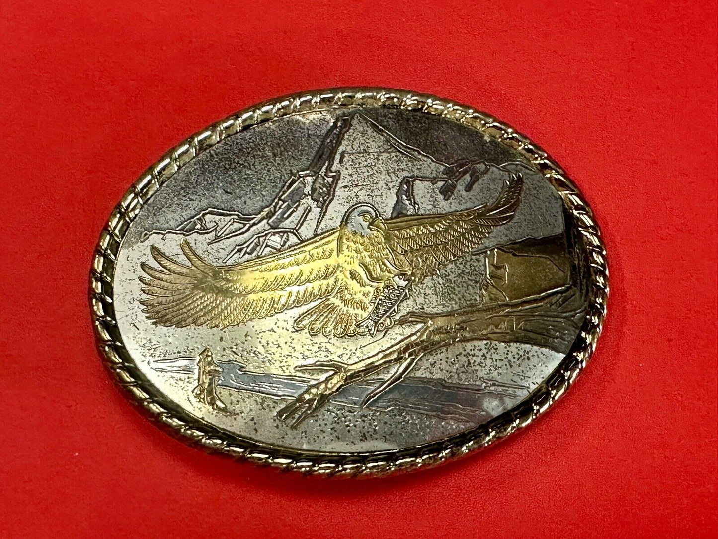 American Eagle Landing on limb perch - Vintage western oval belt buckle marked W