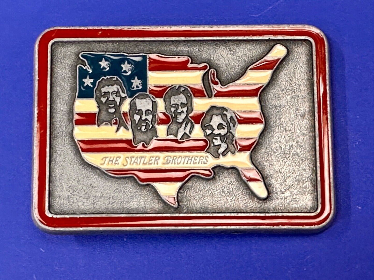 The Statler Brothers American Flag Country Shaped background band belt buckle