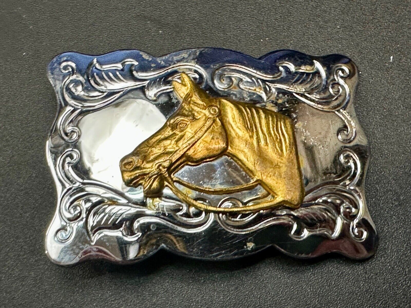 Vintage Chambers Horse head - two tone stamped rectangular belt buckle
