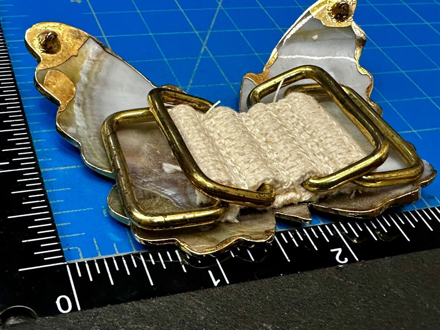 Vintage Butterfly Shaped MOP Mother of Pearl Cutout Gold tone Belt Buckle Slide
