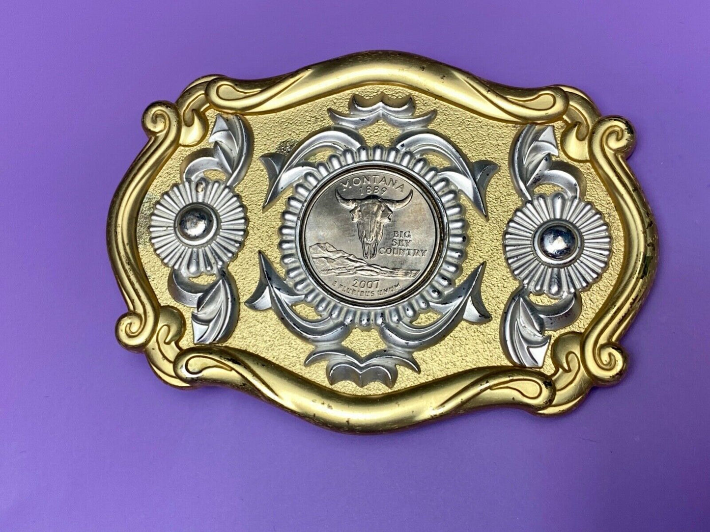 2007 Montana Big Sky Country Coin centerpiece in ornate two-tone belt buckle