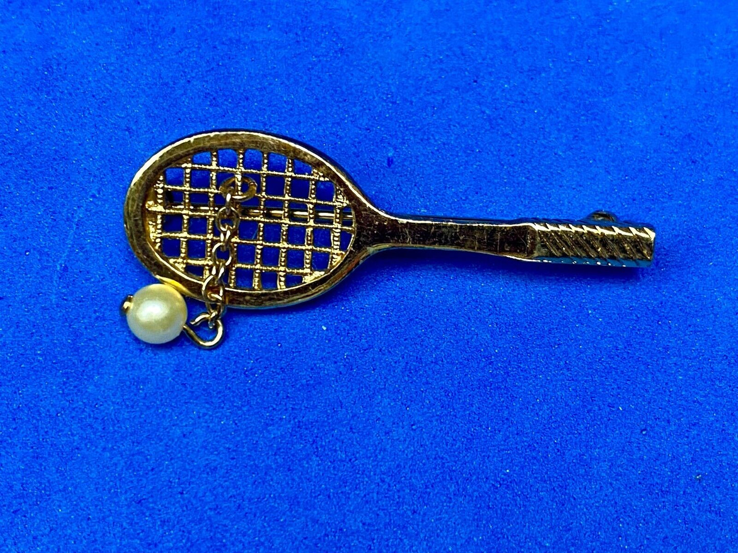Vintage Avon Jewelry Goldtone Tennis Racquet Brooch Faux Pearl Ball, 1 3/4" long