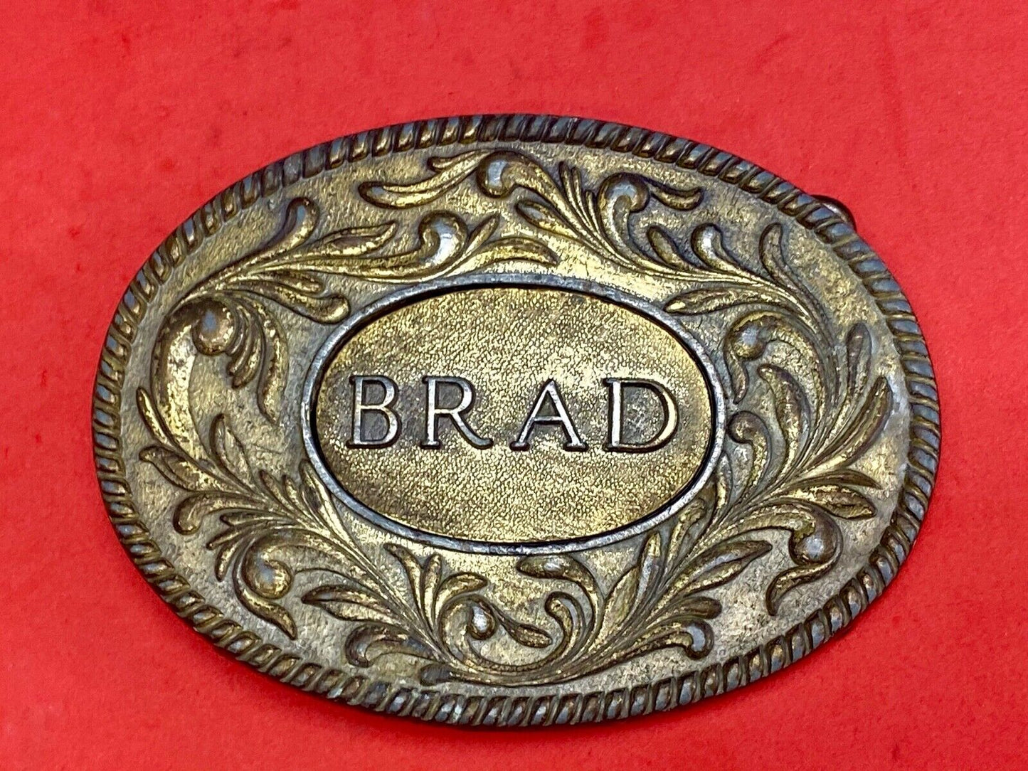 Vintage 70's The KINNEY Co BRAD Name western flower swirl Belt Buckle