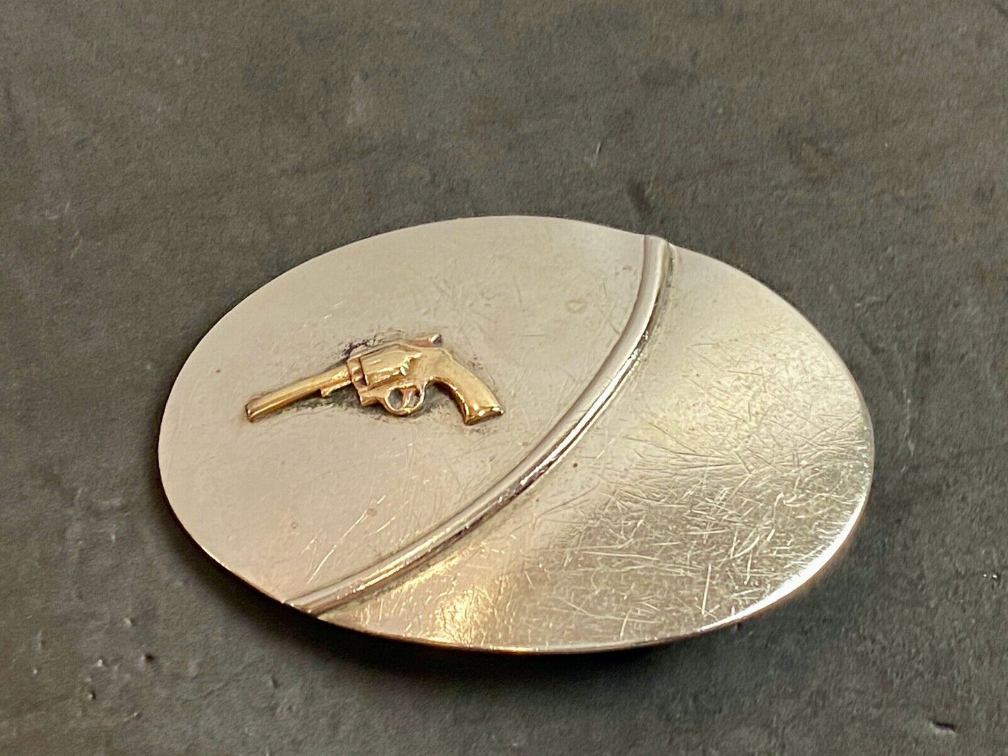 Vintage Chambers Belt Co. Silver Nickel Western stamped belt buckle gun pistol