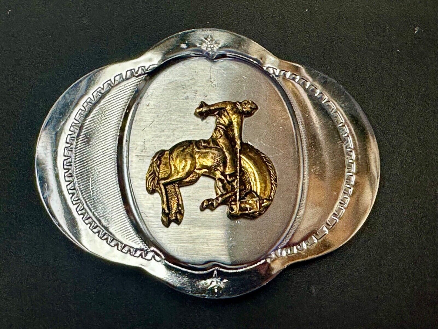 Vintage Cowboy Saddle Bronc western two tone unique shaped belt buckle